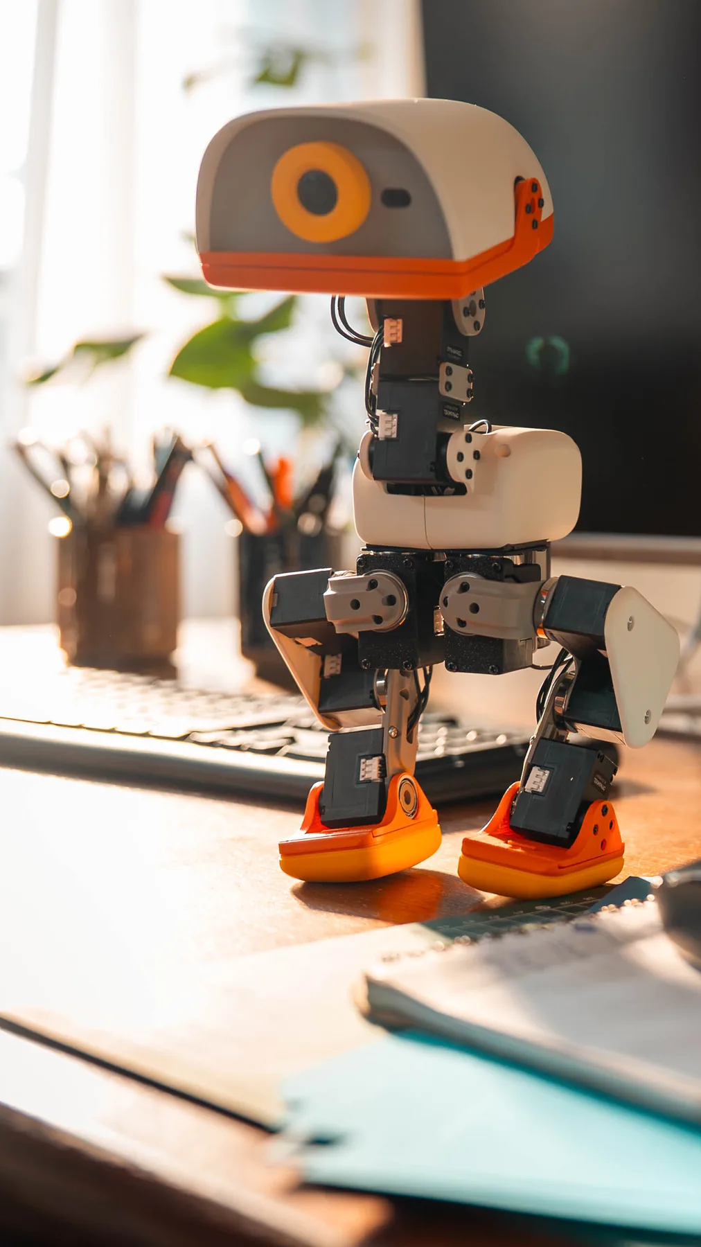 A MACRODUCK on a desk in warm morning light, next to a monitor and a game controller